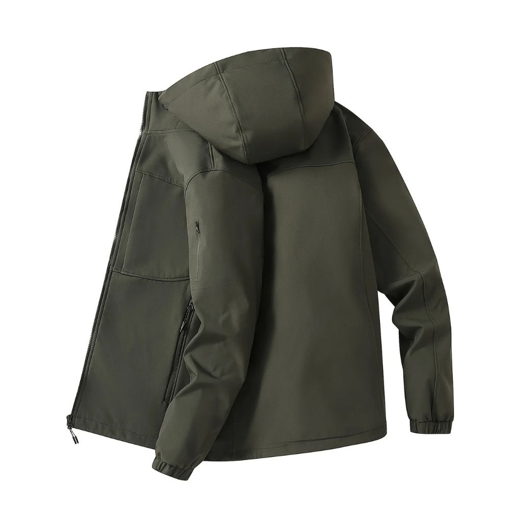 Achterkant groene fleece outdoor jacket voor heren