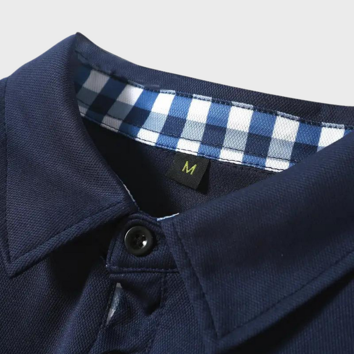 Donkerblauwe heren polo shirt met lange mouwen en kraag