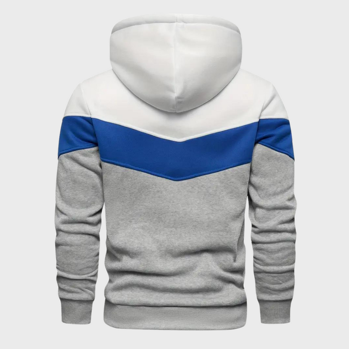 Achterkant blauwe met grijs hoodie met capuchon voor heren